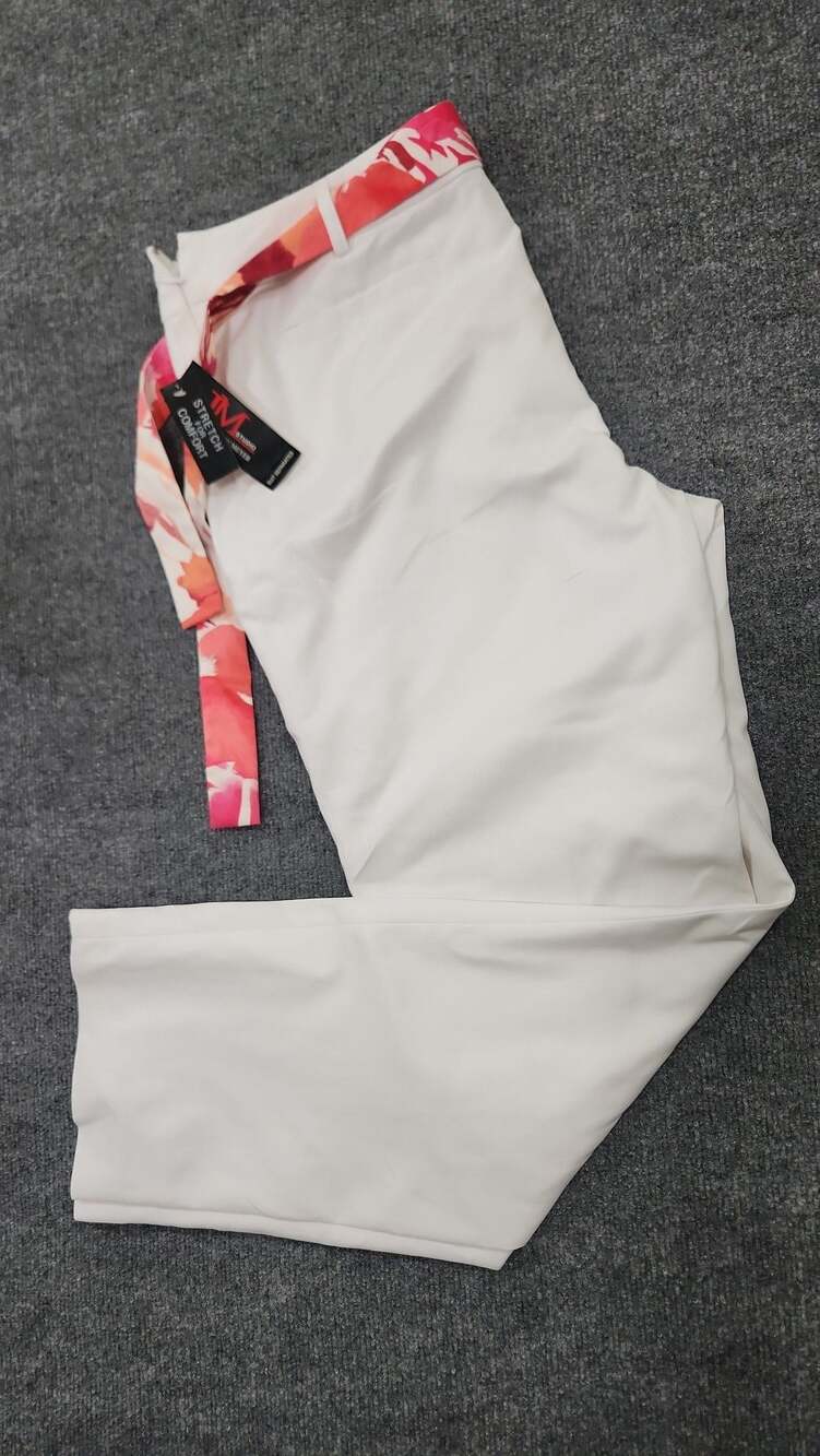 JM Studio by John Meyer White Stretch Cotton Trousers with Floral Belt Size 14